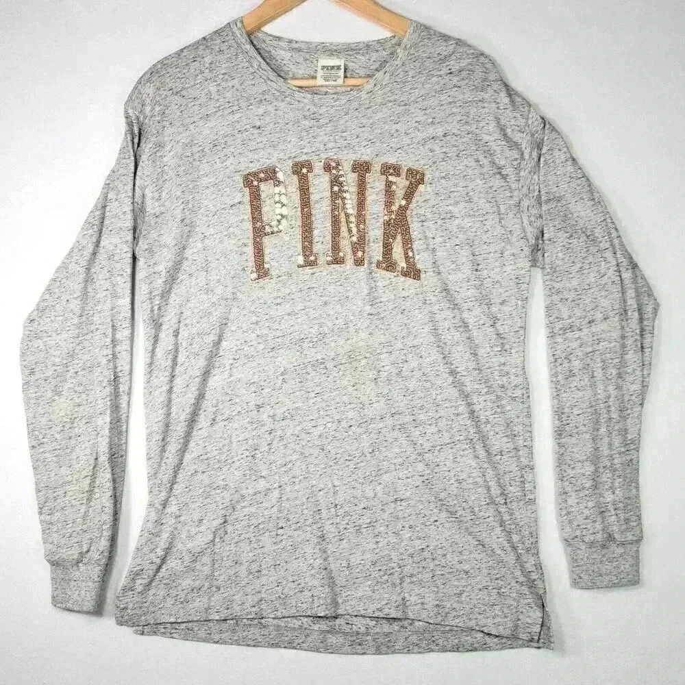 PINK Victoria's Secret Women's Bling T-shirt Small Rose Gold Sequin Logo LS Gray
